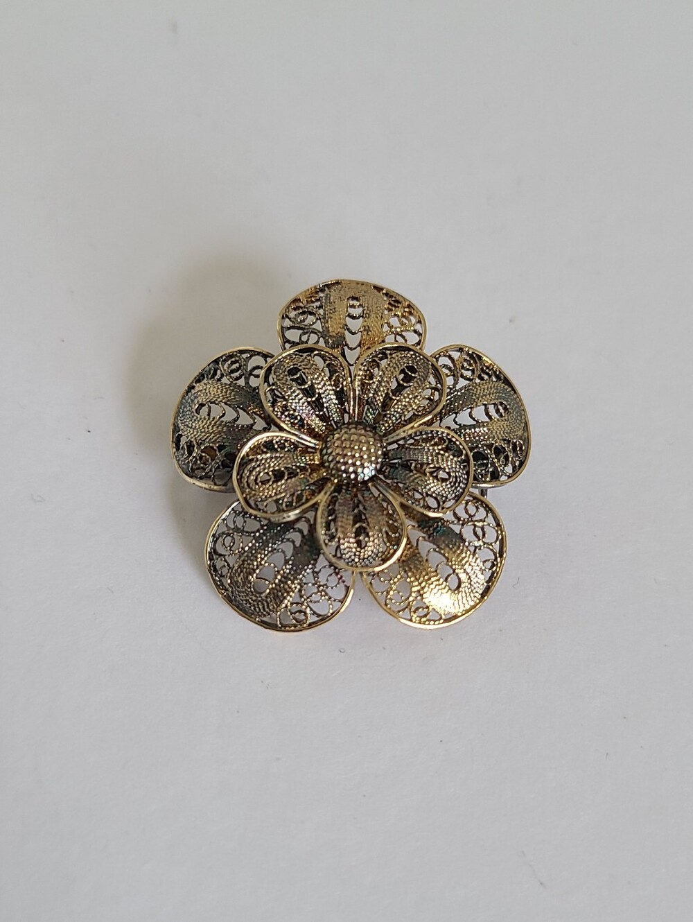 Vintage Sterling Silver Two Tone Gold Overlay Canetille Floral Brooch Pin